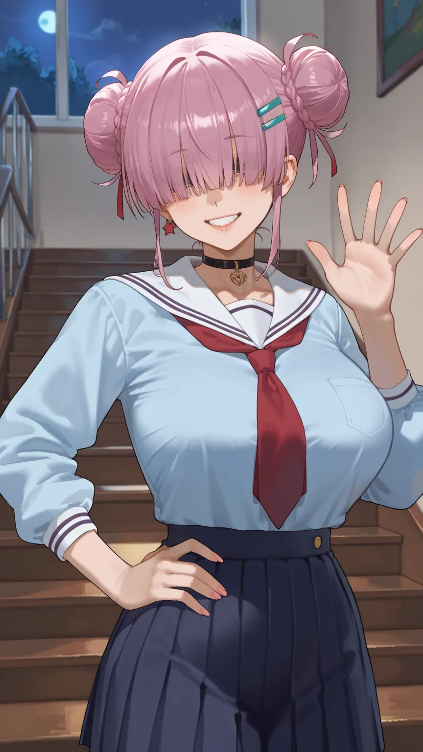 female, cute, school girl, sexy, , school uniform, school background, inside, night, inside, staircase, chocker, bangs over eyes, massive , smile, hair in a bun, hair pins, ultra wide hips, massive , hands on hips, hip tilt, waving