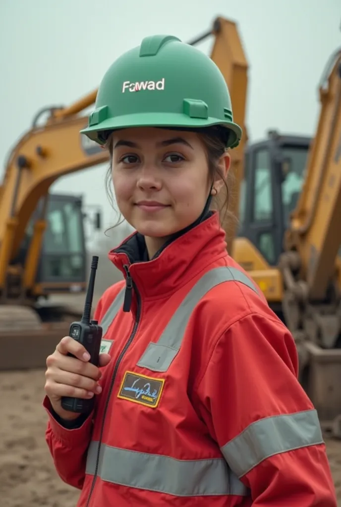 A young safety officer standing backwards to excavation machines with green helmet and red vast, on Helmet Fawad is written and on vast Safety Officer is written. Her face is towards machine and holder a wireless sett