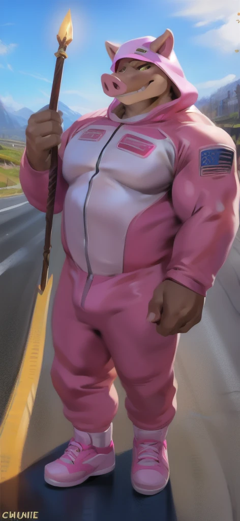  alone, male Tall​,huge​ body​, stand,Holding the magic staff of an angel., road,pig crocodile​ hamster ​,  pink military spacesuit,  heavy overload,  muscle bundle, smirking,by chunie ​