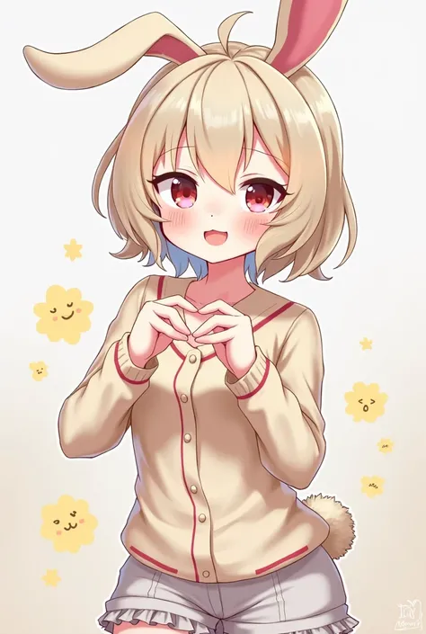 An anime girl with rabbit ears , Short Hair, And that he is making a heart with his hands, full body what to wear long sleeve shorts and polo shirts but that cover only your breasts not your navel 