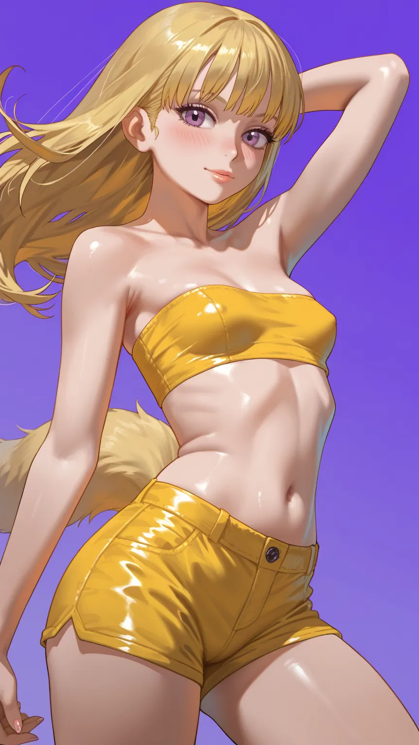 Wildlife, ((Best resolution)), ((high quality:1.2)), Work of art, 8k, extremely detailed, ((High detail:1.2)), Solo, asian girl, (yellow mini-shorts, crop strapless), (beautiful perfect face:1.23), Kizi，(eyes looking off to side), Highly detailed, Amazing ...