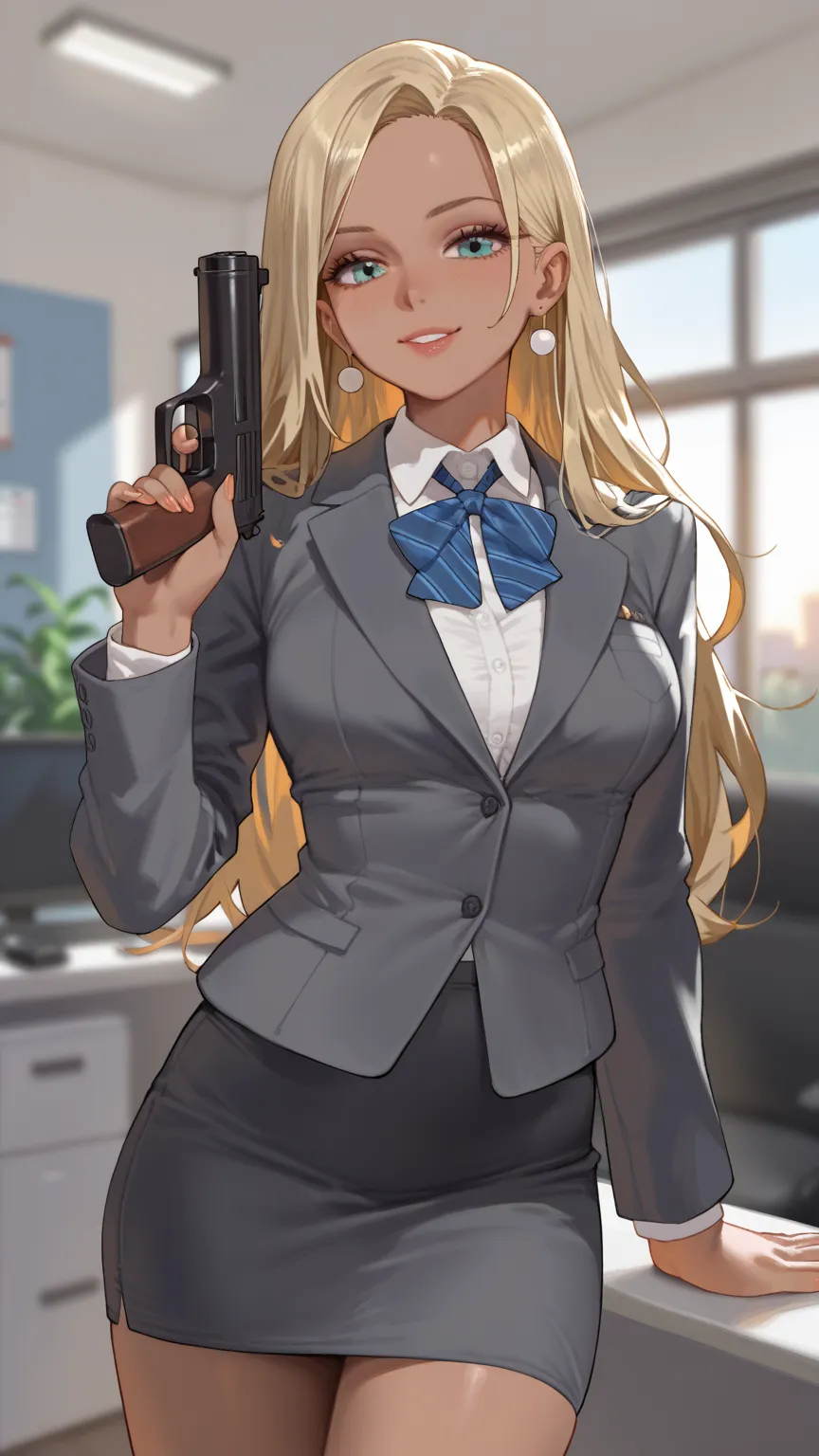  very pretty girl.,   magnificent face,   Long Blonde  ,    Skirt , secretary,  Blurred background , In the office,  sunset,  in a dark gray suit, White underwear , Tanned skin,  Smooth face , Holding a gun