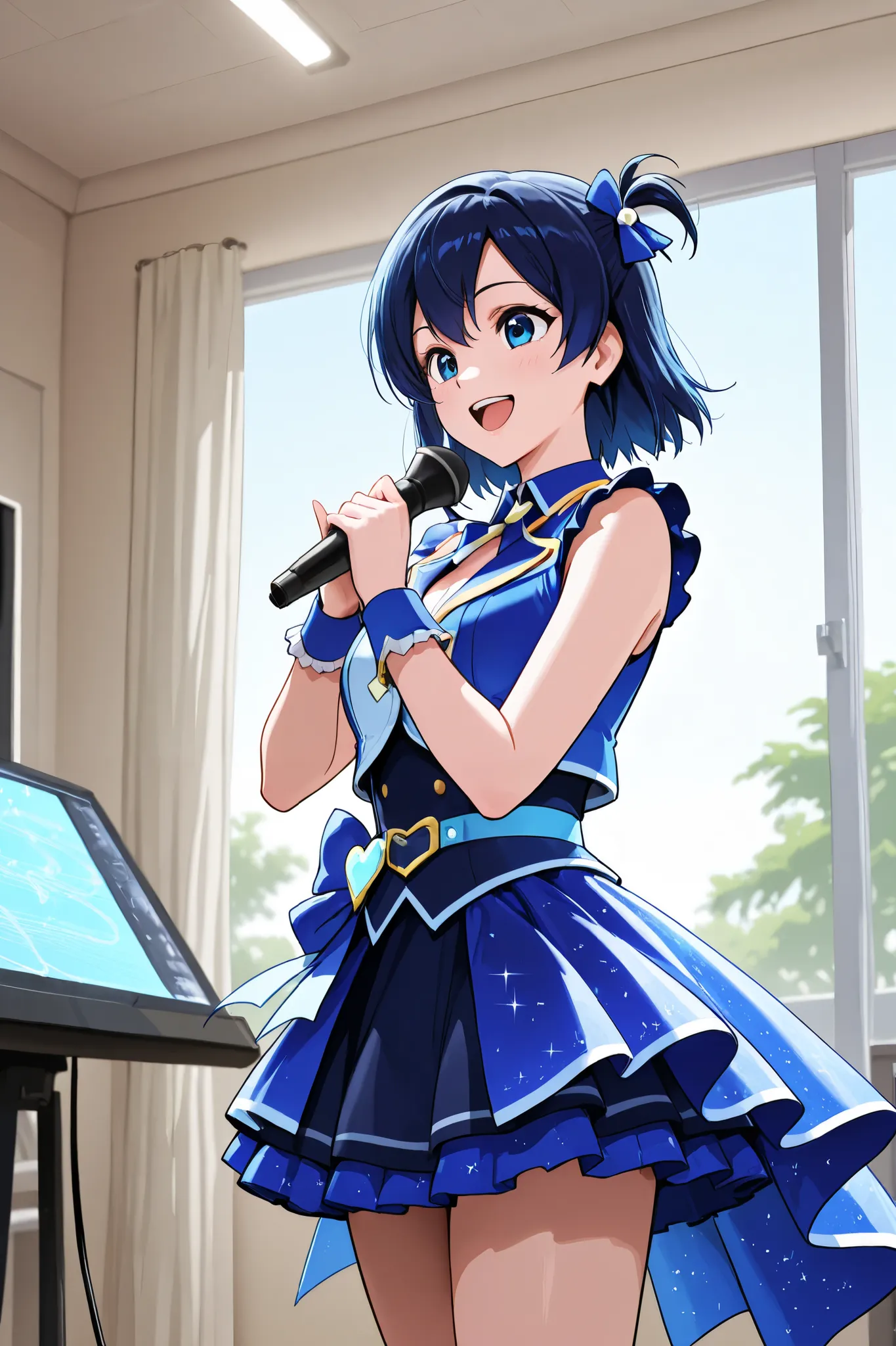 A idol woman, happy, idol clothes, dark blue hair, blue eyes, mídia, day, studio, music, sing, woman