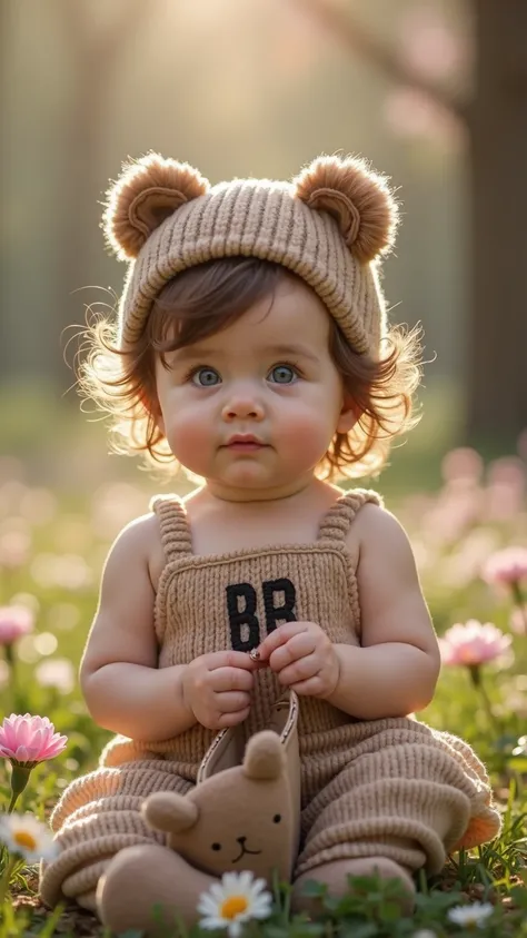  The center of the picture is a 16 month old ，with white skin like porcelain、Soft and fluffy slightly curly brown hair and clear blue eyes like lake water， The soft light shines from the side 。The whole picture uses warm colors，makes the baby and the whole...