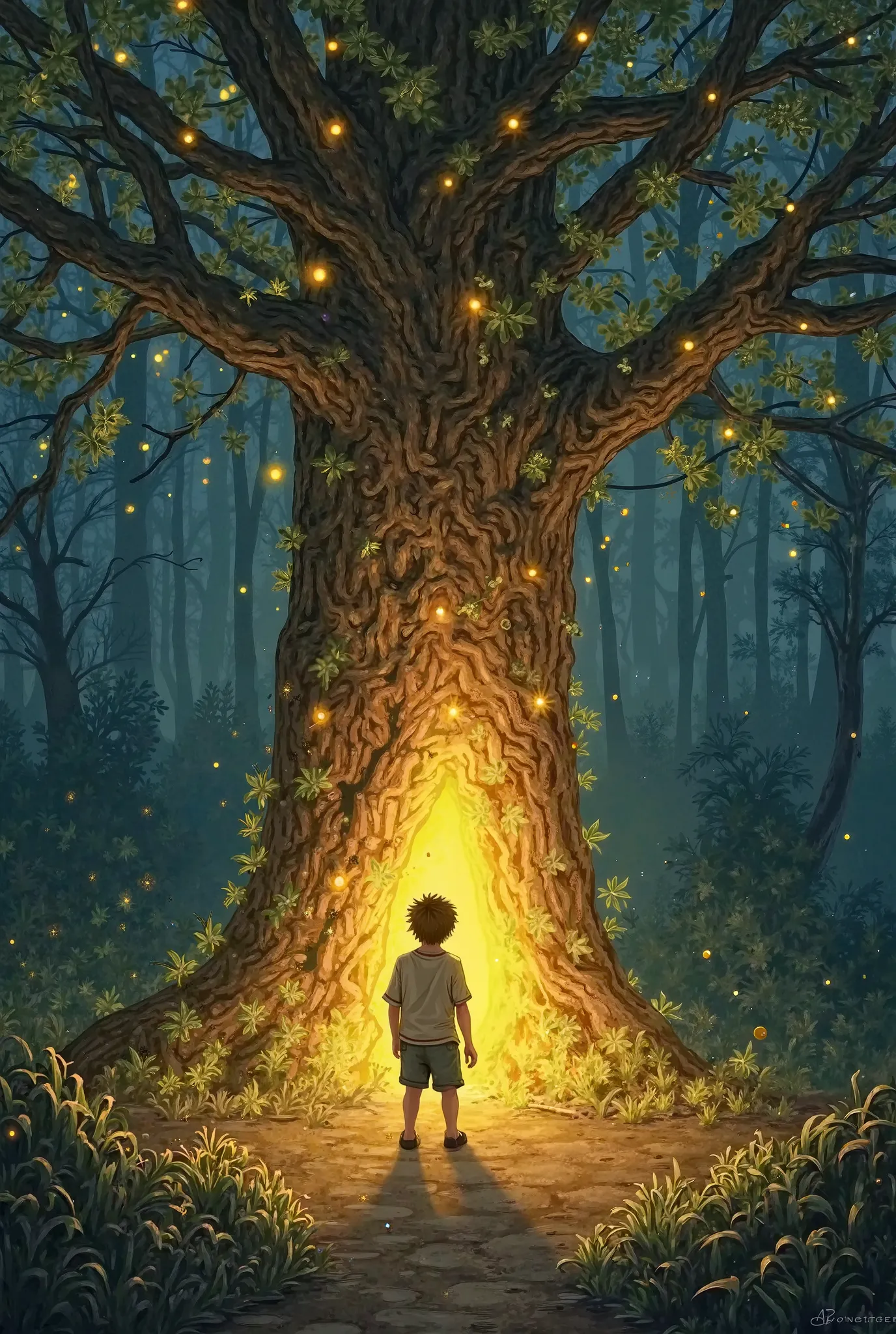 Once upon a time, there was a  named Timmy. Timmy loved to explore the forest near his house. One day, while wandering deep into the woods, he found an old tree. It was no ordinary tree; its trunk was glowing with golden light.