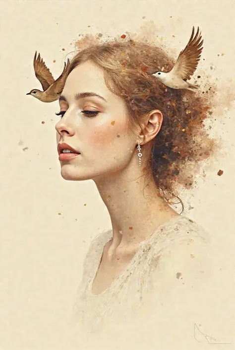 Face Woman with birds, Beige background,brown and white . Watercolor brush