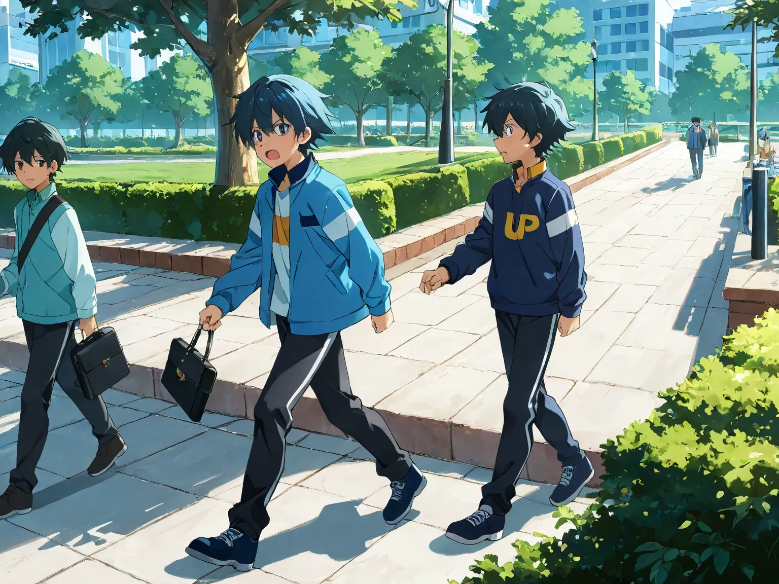 3boys, walking, talking to each other, having fun, walking on sidewalk, side view, public park, high res, masterpiece, (anime:1.6),score_9, score_8_up, score_7_up