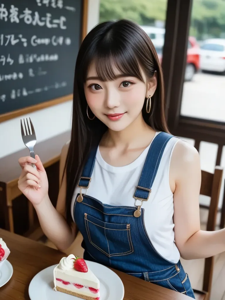  Japanese　 Adult Female　 inside a cafe　（（（ composition from oblique above））））　（（（ looks good：1.5）））　（（（ is slouching his face）））　 moist eyes　（（（blush）））　 Hair　〈〈〈straight long hair〉〉〉　〈〈〈 shiny hair〉〉〉　I'm wearing a white sleeveless shirt and denim overall...