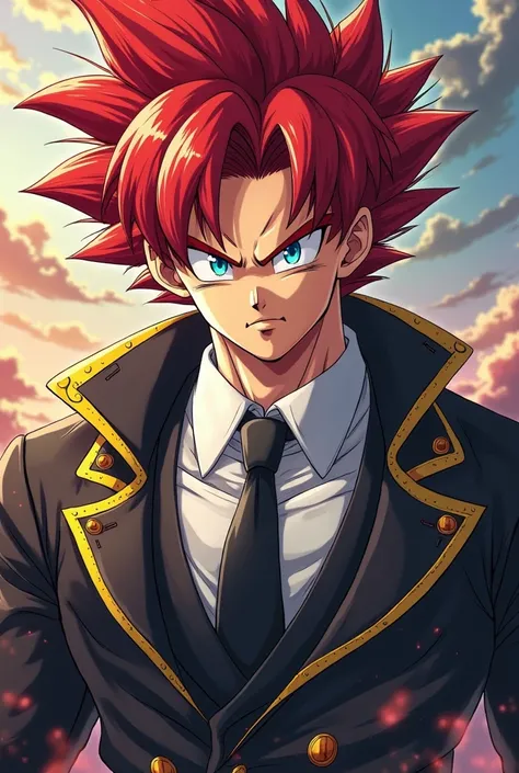 Goku con el pelo rojo y ojos azules y chaqueta negra con bordes dorados y camisa blanca y corbata negra y jeans dbs cartoon style  , dbs cartoon style  , Masterpiece 