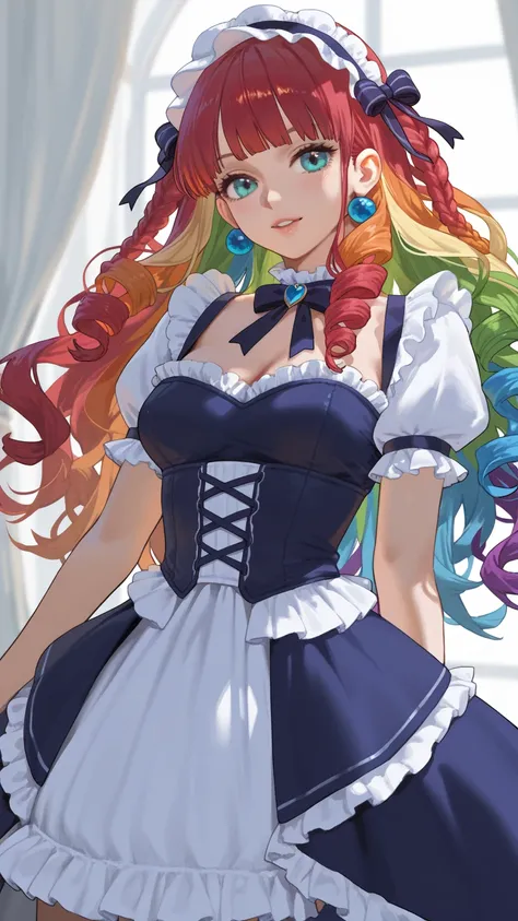 Beautiful girl with long hair in rainbow curls wearing a rainbow lolita dress with a dragon next to her
