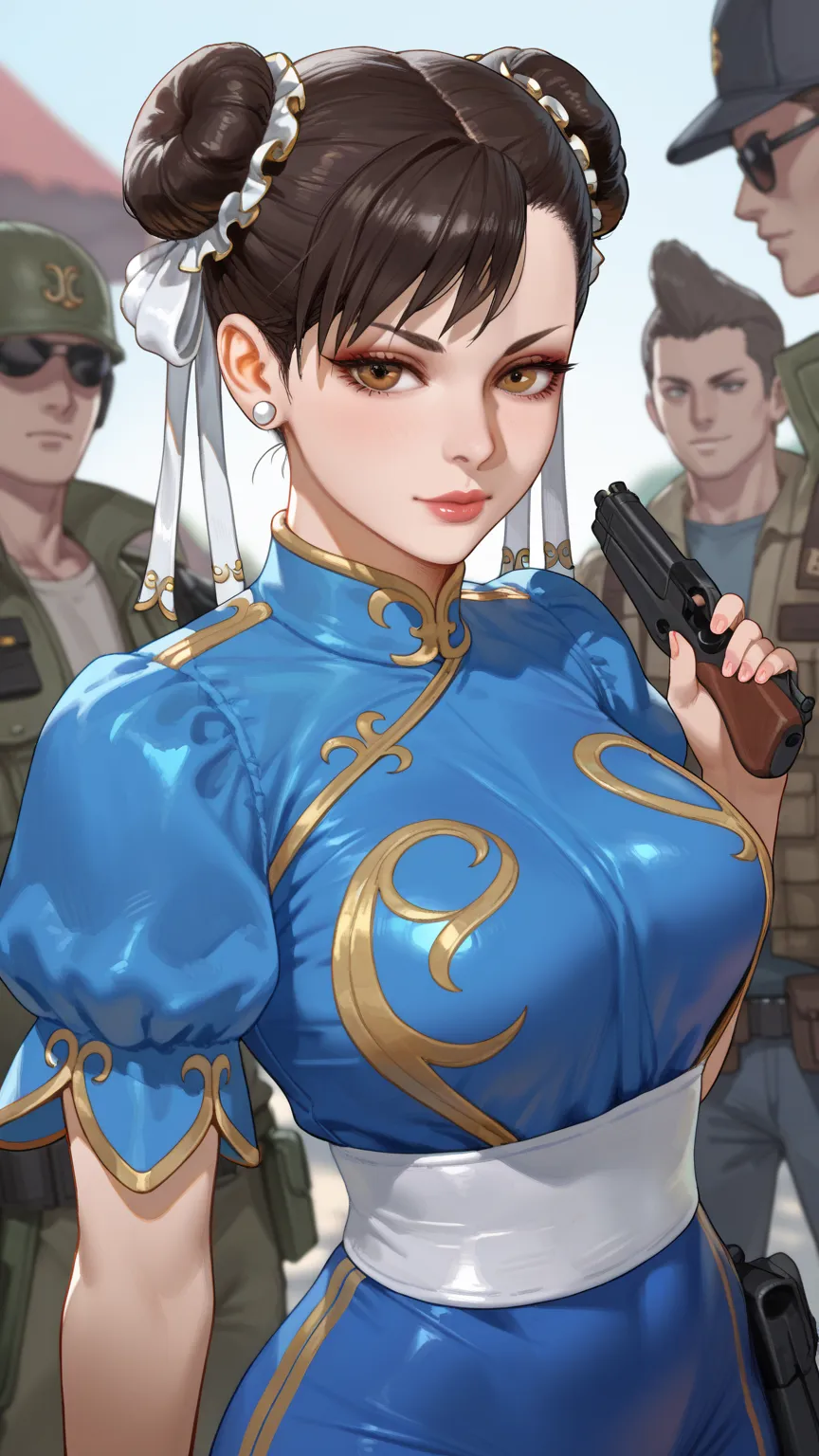  High resolution,  masterpiece, 1 ,  Create the character, Chun-li In the Game l , Call of Duty She Is in Blue Clothes Dressed in Blue and White With a Gun in Her Hand Several Enemies Falling from Wingsuits, No Call Of Duty Mobile Chun-Li 