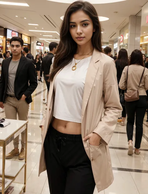 A confident Pakistani Instagram model stands gracefully in a shopping mall, engaged in shopping. She has a radiant complexion, almond-shaped eyes, and naturally arched eyebrows. Her striking features include high cheekbones, a well-defined jawline, and ful...