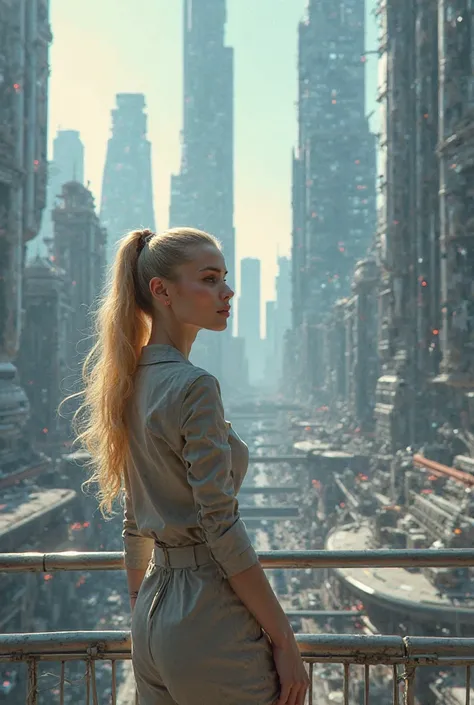  near future city　 MegaStructures　ponytail　blonde　Beautiful woman leaning against a fence