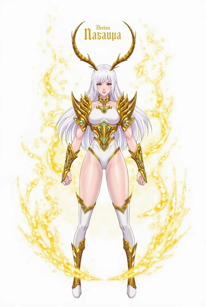 1girl, The image depicts a character in a striking, fantasy-themed outfit. She has long, flowing white hair and a confident expression. Her attire includes an elegant, form-fitting white bodysuit complemented by ornate golden armor pieces on her shoulders ...