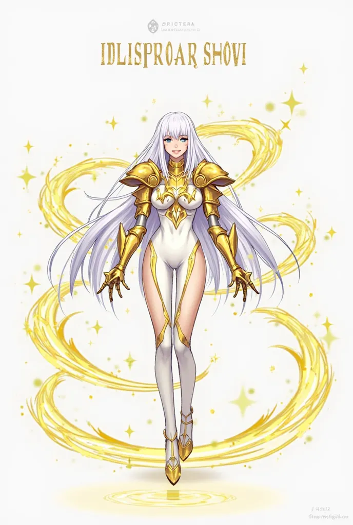 1girl, The image depicts a character in a striking, fantasy-themed outfit. She has long, flowing white hair and a confident expression. Her attire includes an elegant, form-fitting white bodysuit complemented by ornate golden armor pieces on her shoulders ...