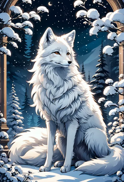 arctic fox oil painting aesthetic illustration,  is suffering from a mysterious atmosphere, , an atmosphere of elegance and intricate details, dimly lit moonlight, elegant feminine atmosphere of a delicate delicate fur fox pattern, scolding look from, the ...