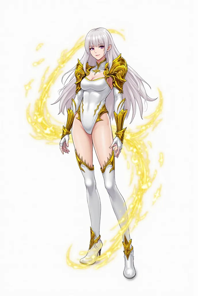 1girl, The image depicts a character in a striking, fantasy-themed outfit. She has long, flowing white hair and a confident expression. Her attire includes an elegant, form-fitting white bodysuit complemented by ornate golden armor pieces on her shoulders ...