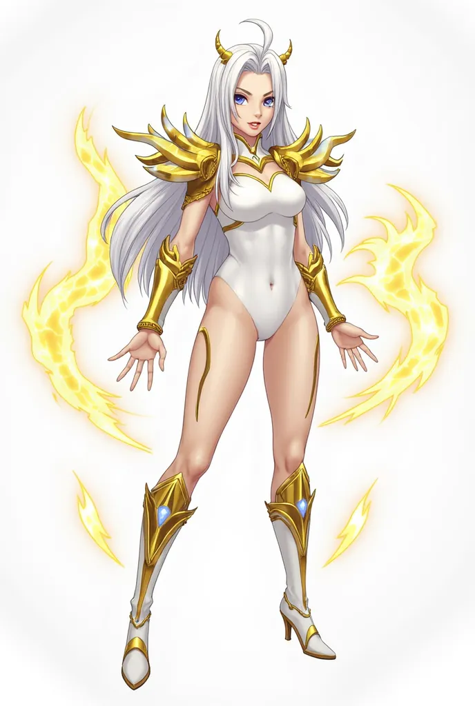 1girl, The image depicts a character in a striking, fantasy-themed outfit. She has long, flowing white hair and a confident expression. Her attire includes an elegant, form-fitting white bodysuit complemented by ornate golden armor pieces on her shoulders ...