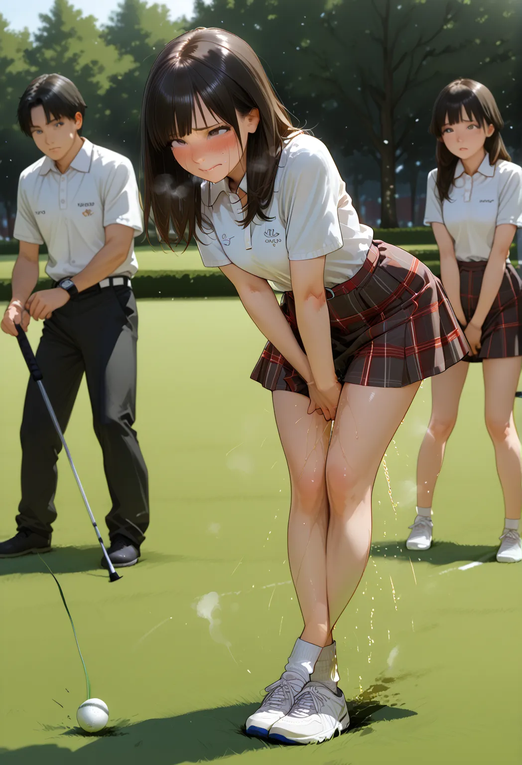 Score_9, Score_8_up, Score_7_up, Score_6_up, Score_5_up, Score_4_up, Source_anime, Tag1, (extremely detailed and high-quality illustration),(best lighting and shadow effects, ultra-realistic), young women, on a golf court, golfer outfit, golfer skirt, play...