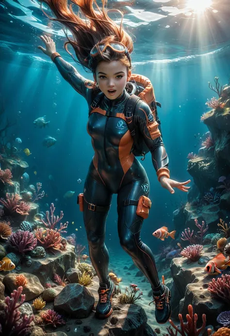 Create a realistic illustration of a female explorer diving in a full diving suit. Highlight the technical details of the suit, , the texture of the materials and the technology, as it delves into an underwater landscape full of algae, schools of fish and ...