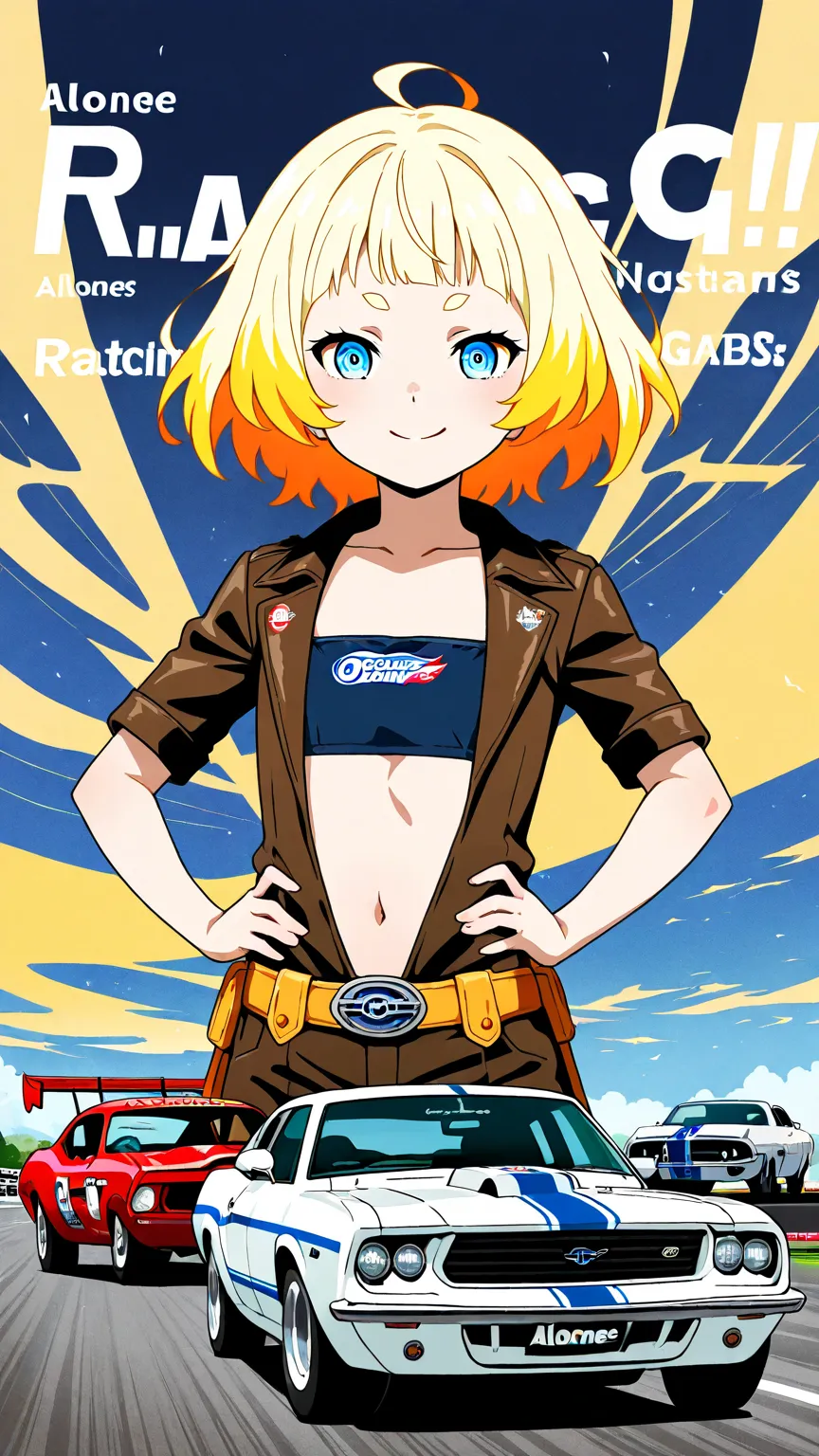 (Japanese anime style), Alone femmes, stand, watson cross, light skin, (multicolored hair, lightblonde_hair), short eyebrows, sales smile  、( flat chest), cowgirl costume, Ford car, MUSTANG, racing tracks,