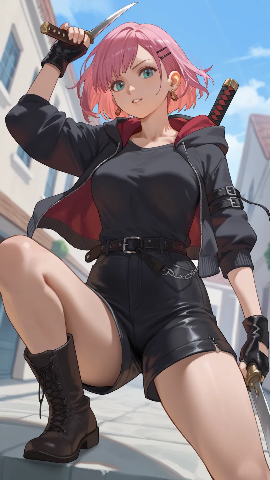 1 girl,、Earrings、less exposure、 Decisive Poses、Leather gloves、Wear a hooded ear、knife、Hold a weapon in the middle、Short boots、 martial artist