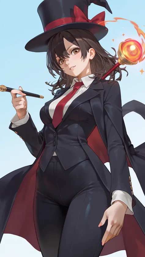 1 girl,  Long and Dark Hair,  medium breasts, black suit with red tie and black pants , Brown eyes,  with a magician's top hat and a black magic wand with white tip