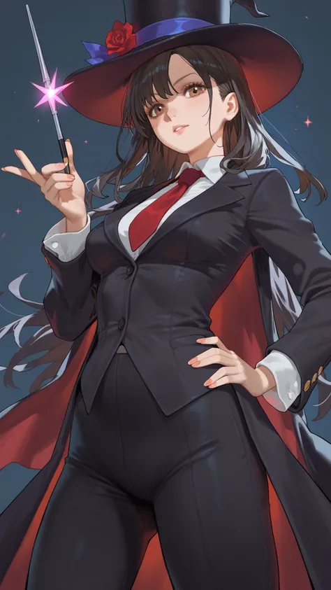 1 girl,  Long and Dark Hair,  medium breasts, black suit with red tie and black pants , Brown eyes,  with a magician's top hat and a black magic wand with white tip