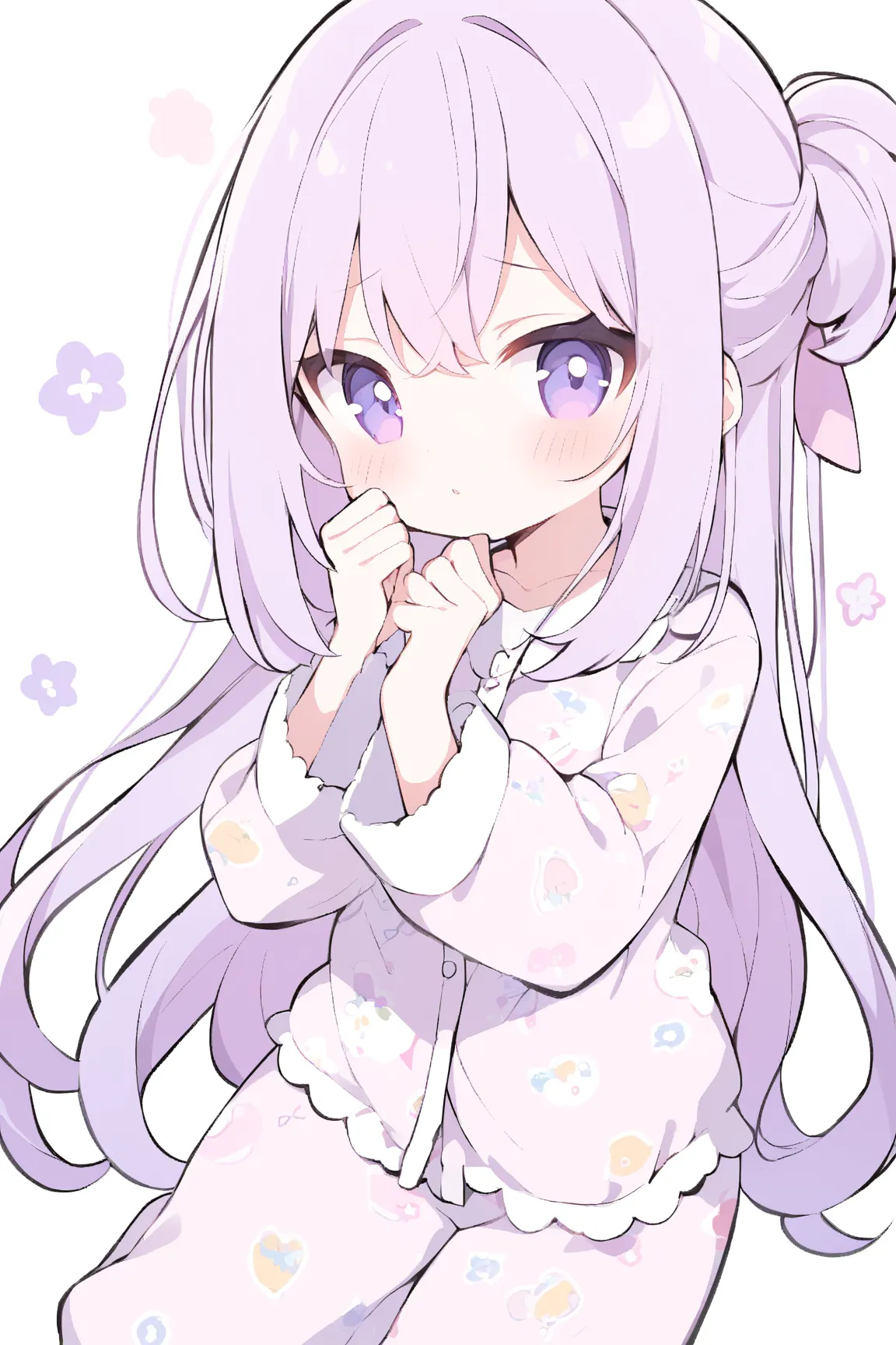 Adult female chibi cara pajamas with long straight hair, light purple hair and light purple eyes