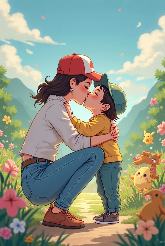 mother kiss son high-waisted mom jeans Pokemon style