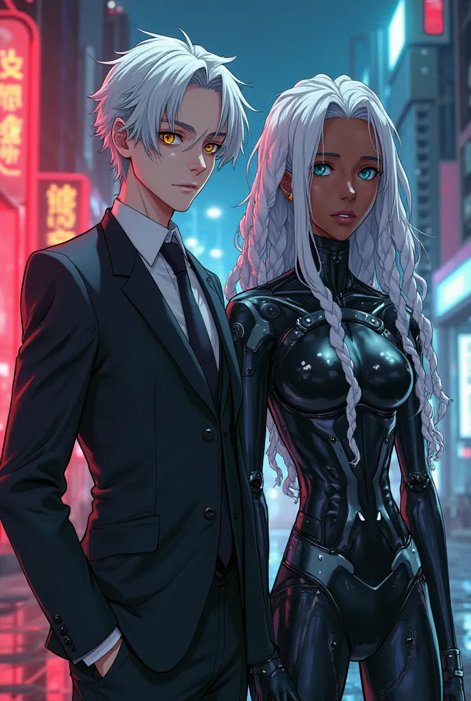 Anime style: two men, one taller and innocently looking in a black suit, pale skin, white hair and gold-colored eyes and the other with dark complexions, blue eyes and white dreadlocks wearing a tron suit, delegated to a cyberpunk city with red and blue li...