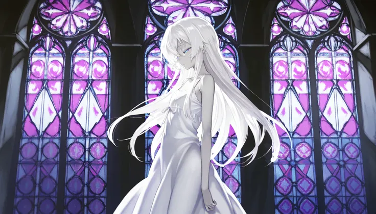 1girl, solo, cowboy shot, Anime Girls, (white long camisole dress), pale skin, albino, white long hair, half closed eyes, blue eyes, perfect anatomy, from side,
Anime Girls,dark church, stained glass, Gloomy painting style,
Score_9,Score_8,score_7_up,sourc...