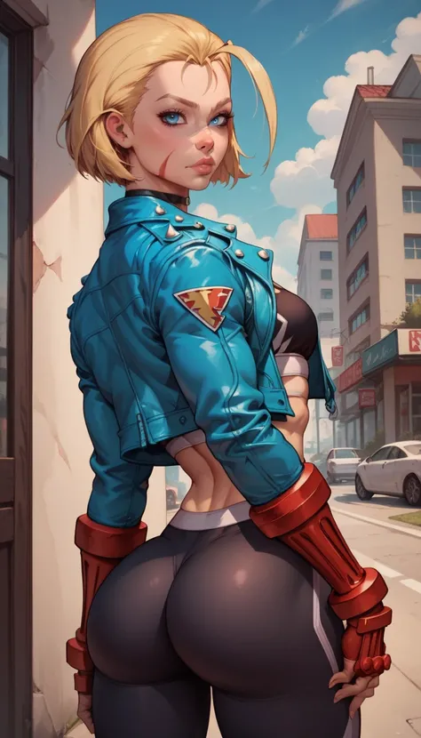 girl, cammy white from street fighter, short hair, blue eyes, blonde hair, belly button, jacket, open clothes, choker, belly, pants, open jacket, lips, crop top, black choker, scar, antenna hair, blue jacket, scar on face, forehead, short jacket, toned, sp...