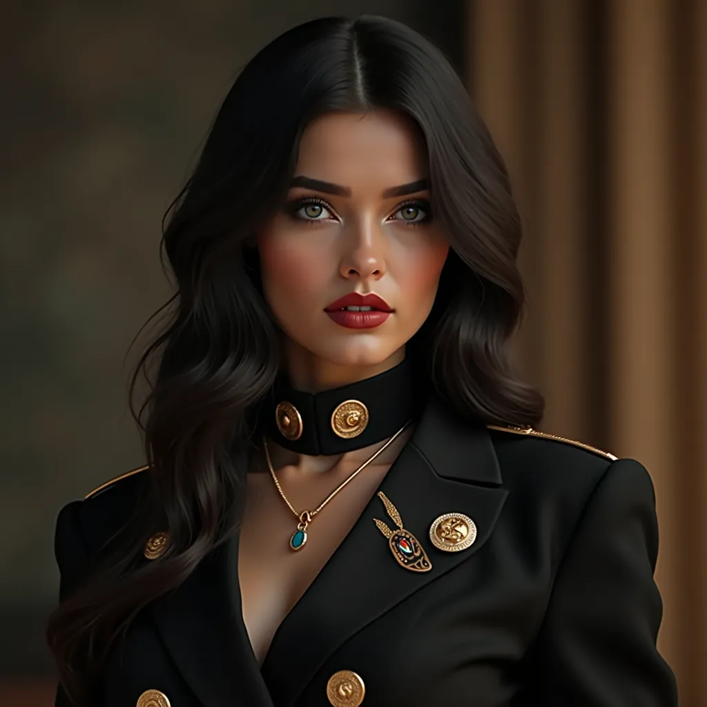 realistic 4k realistic photo,  Beautiful young woman , long jet-black hair intense long loose.  porcelain skin. thick reddish lips,  subtle makeup . FASCINATING INTENSE SAPPHIRE BLUE EYES. "Formal black military suit with gold details and medals". backgrou...