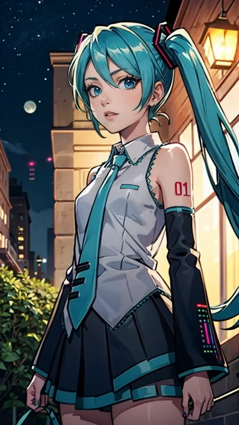 1 girl,  Hatsune Miku,  vocaloid,  blue eyes,  Lantern,  long hair,  Long Sleeve, watch viewers,  tie, sleeveless, sleeveless シャツ, twin tails
