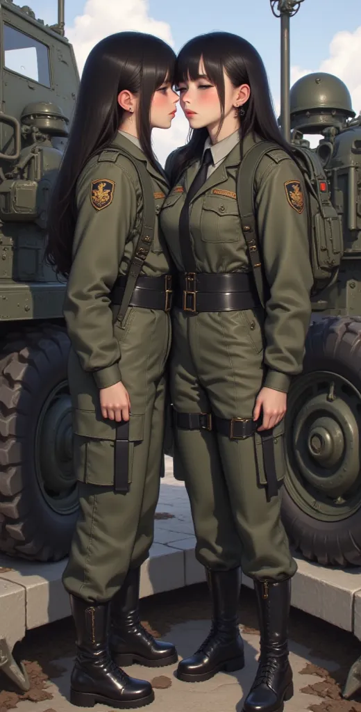 high resolution,  Masterpiece , best quality,High detail, High quality, full length ,full frame, full length tuff,  straight hair , Breasts,  earrings, blue eyes run her, makeup, scarlet lips, Two girls in military uniform, Cuddle and kiss in front of mili...