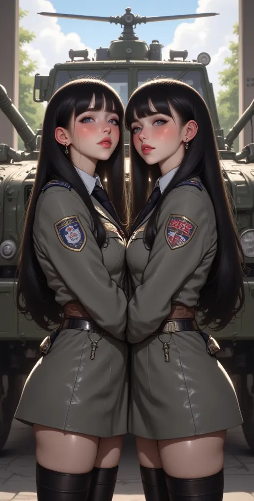 high resolution,  Masterpiece , best quality,High detail, High quality, full length ,full frame, full length tuff,  straight hair , Breasts,  earrings, blue eyes run her, makeup, scarlet lips, Two girls in military uniform, Cuddle and kiss in front of mili...