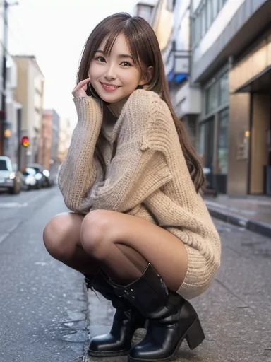 female, squatting, from front, brown high-neck knit long sweater, bare legs, black boots, winter urban scenery, ((masterpiece)), ((best quality)), (ultra-detailed), ((beautiful eyes)), Japanese female, (slender:1.3), ((30 years old)), beautiful, (cheerful ...