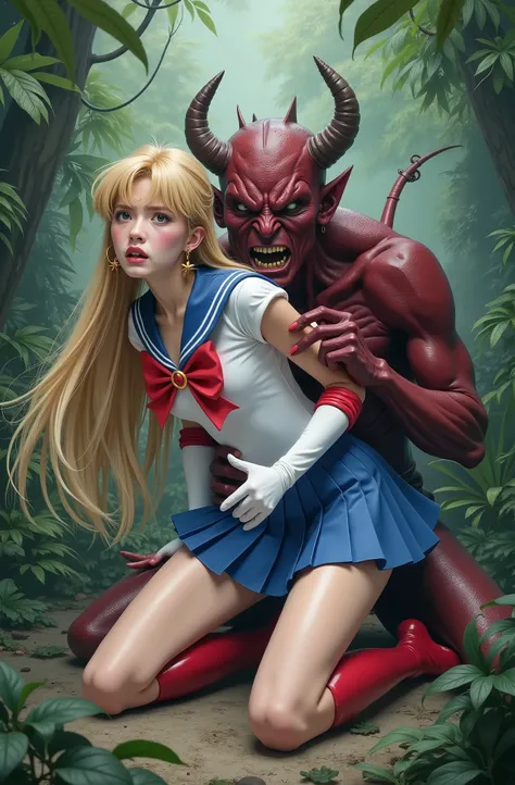 Hyperrealism, masterpiece, highest quality, A young Japanese woman is sitting on the devil lap, she is crying and screaming in pain, painful face, she is wearing a Sailor Moon costume, Blue sailor collar, Blue mini pleated skirt, she is wearing pleated ski...