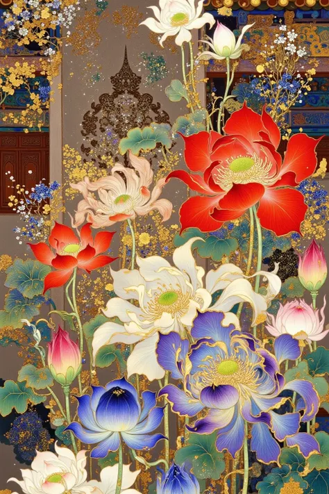 Close view of a building with trees and flowers, Detailed painting inspired by Pu Hua,  is popular in the CG society , Cloisonnism, Chinese Palace, intricate detailed painting , Chinese Architecture,  Digital painting of a pagoda , with ancient Chinese aes...