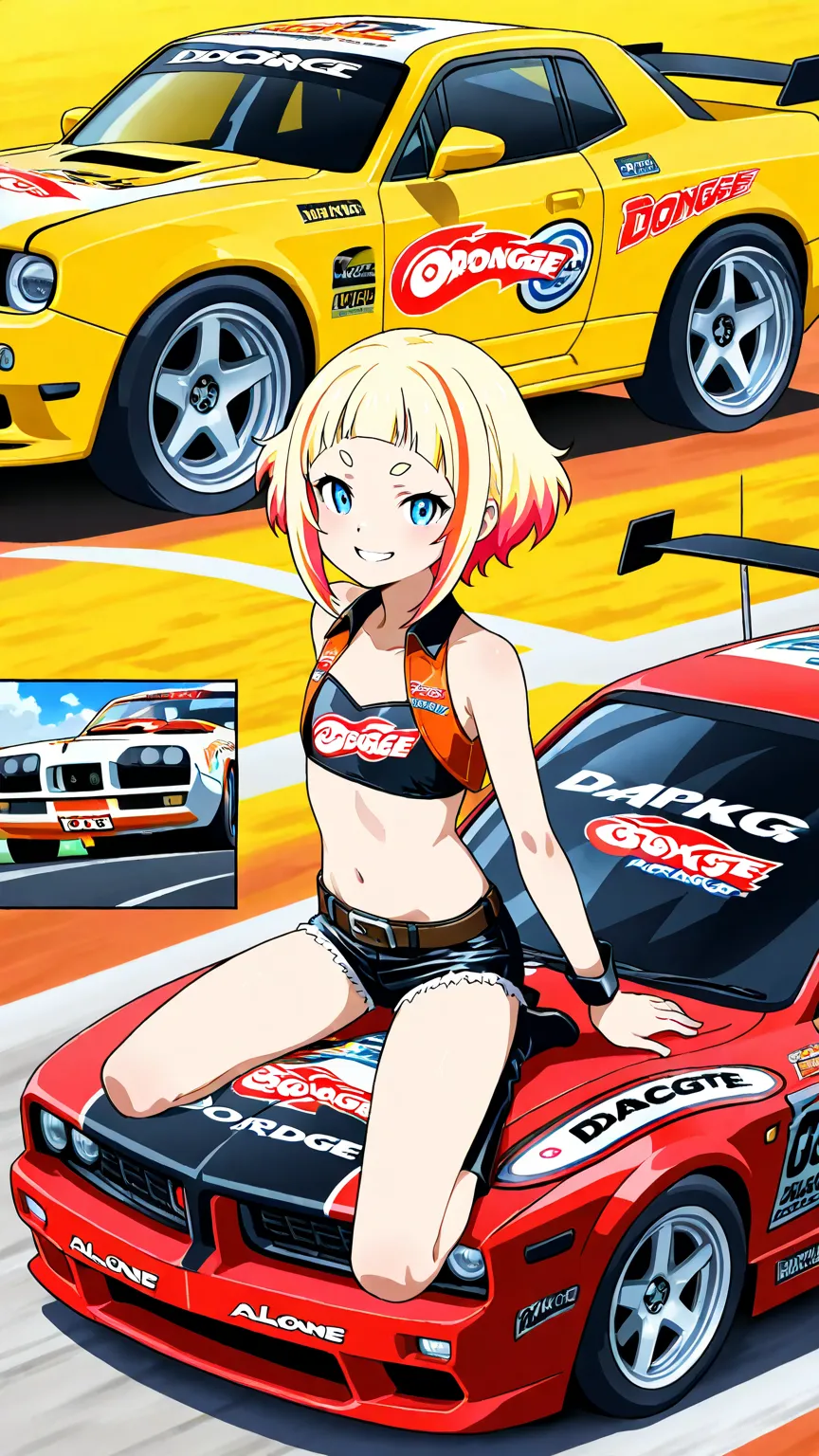 (Japanese anime style), Alone femmes, light skin, (multicolored hair, lightblonde_hair), short eyebrows, sales smile  、( flat chest), cowgirl costume, Dodge  car, Charger Daytona, racing tracks,