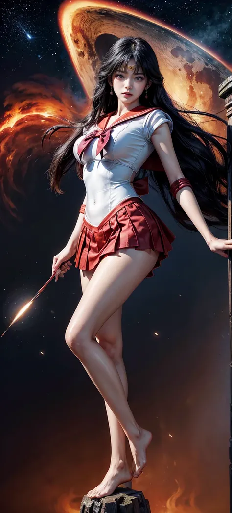  masterpiece,high resolution, young and beautiful Japanese woman,1 person, Cowboy shot,Taimo emphasis,universe,Shining Star,Mars,Inflammation, Popular Long Hair ,Sailor Moon Moonlight Legends, Sailor Mars,See the scenery from a high place, beautiful face,c...