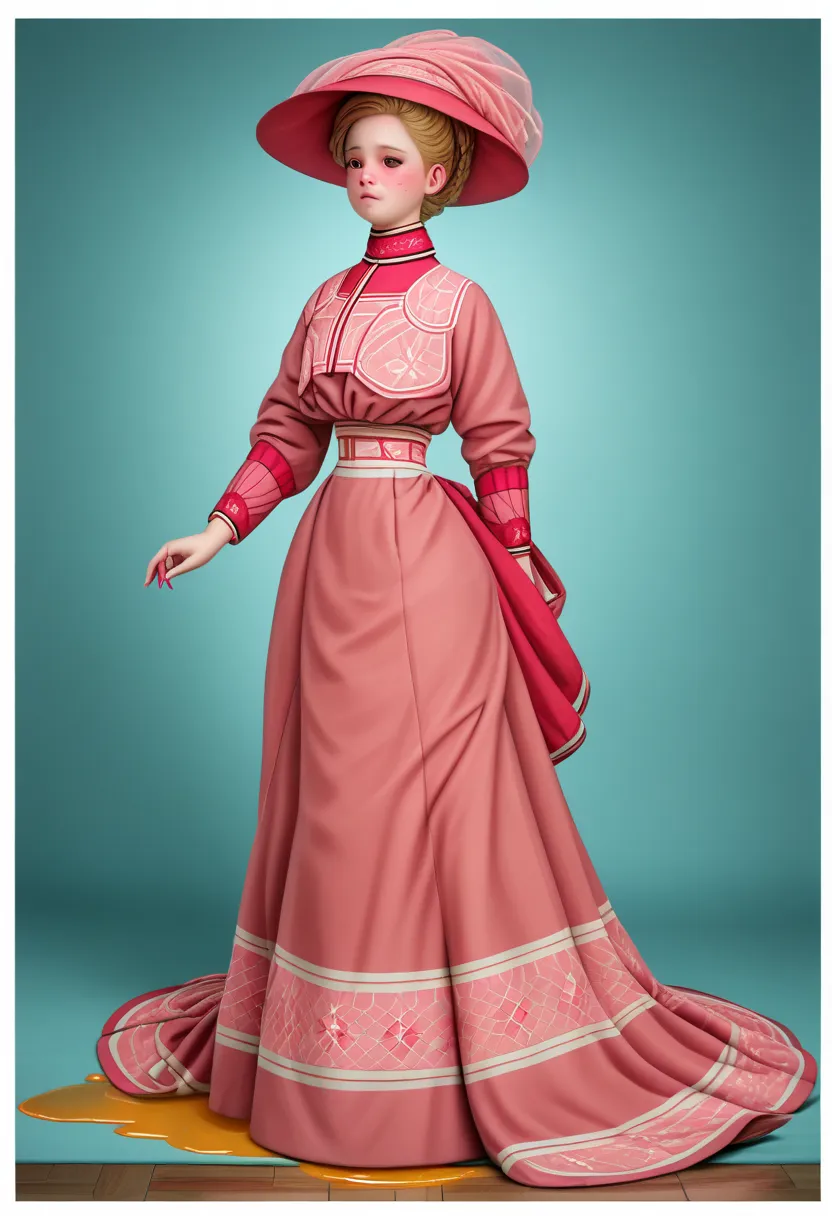 Sexy 12yo Gibson Girl of the Edwardian era. Wearing her (((pink 1900_dr3ss:1.5))). High-collar long sleeve shirtwaist tucked into floor-length skirt, waistband, wide-brimmed picture hat. (((Full body))). 9-inch Wasp waist, bubble butt sticking out. Full bo...