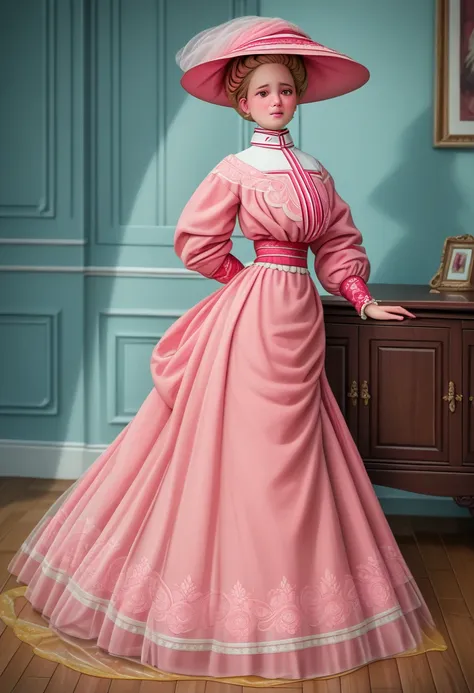 Sexy 12yo Gibson Girl of the Edwardian era. Wearing her (((pink 1900_dr3ss:1.5))). High-collar long sleeve shirtwaist tucked into floor-length skirt, waistband, wide-brimmed picture hat. (((Full body))). 9-inch Wasp waist, bubble butt sticking out. Full bo...