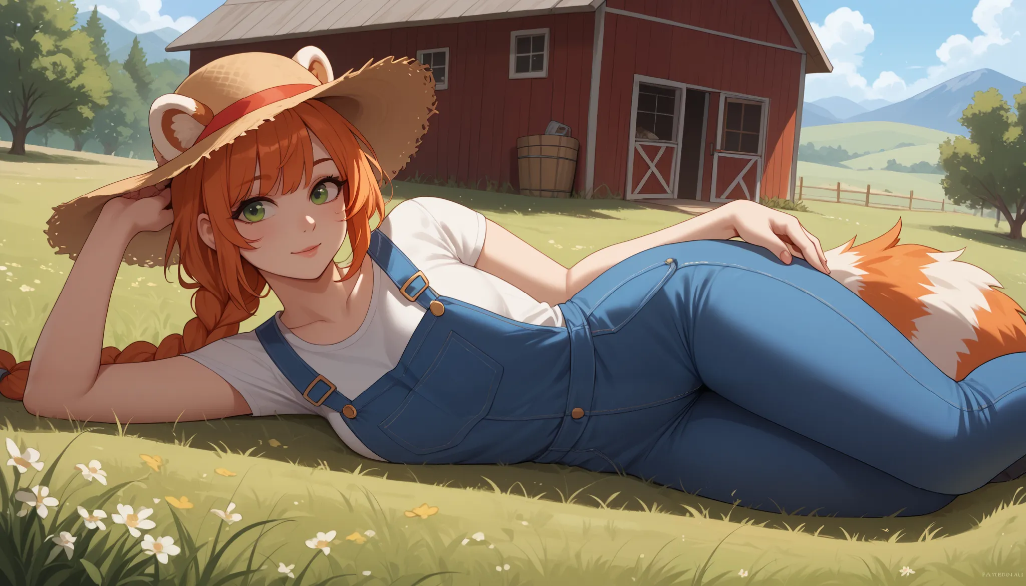 (Masterpiece) (High Detail) (High Res) A short curvy slim Humanoid red_panda Female with tanned human skin and bright green eyes and long braided orange hair and fluffy orange red_panda ears and a long fluffy red_panda tail and medium breasts. She is layin...