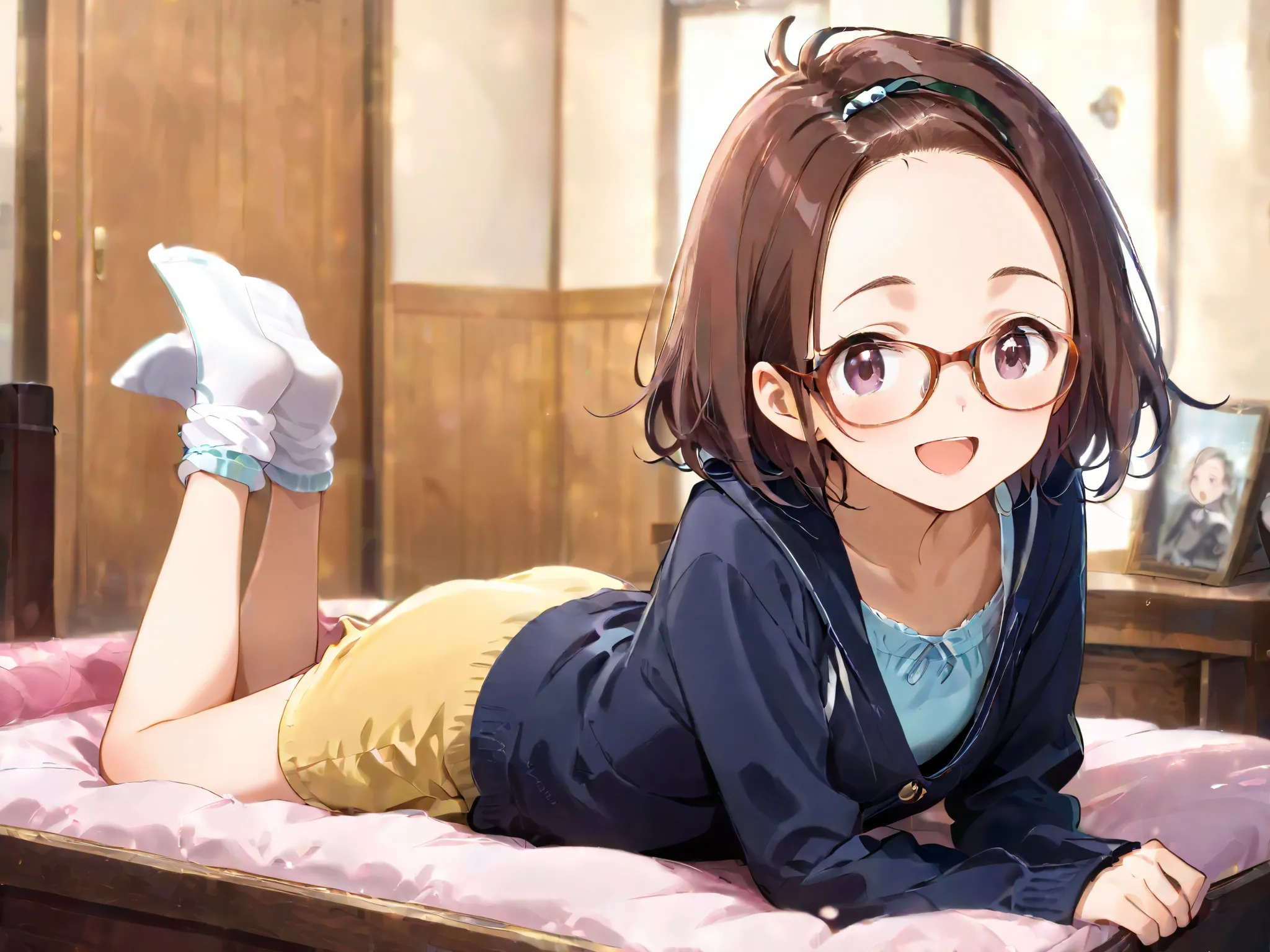 young lady, in clothes, happy, glasses, forehead, short hair, whole body