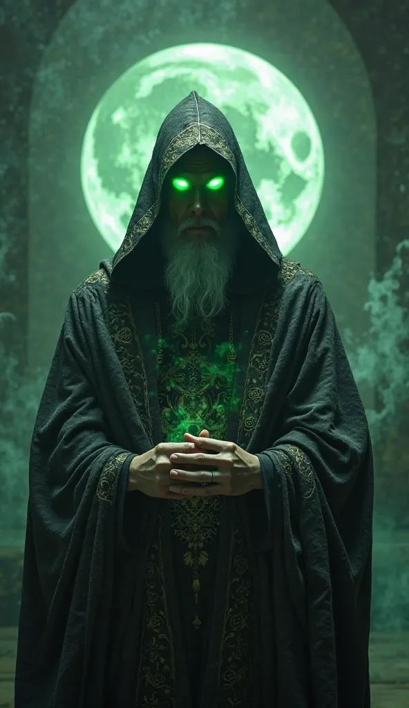 :

"A powerful wizard with fluorescent green eyes, wearing a detailed wizard's hood, similar to the one in the reference image. The costume consists of a dark cloak of heavy fabric, adorned with subtle mystical patterns that glow slightly in the moonlight....