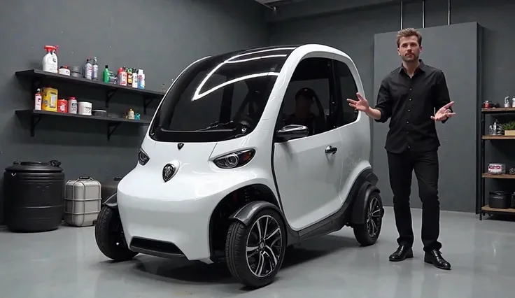 





"A sleek, modern three-wheeled vehicle (auto-rickshaw) in a stylish garage with dark gray walls and bright lighting. The vehicle is white with black accents, featuring a soft black canopy roof, a futuristic front design with dual headlights, and a pr...