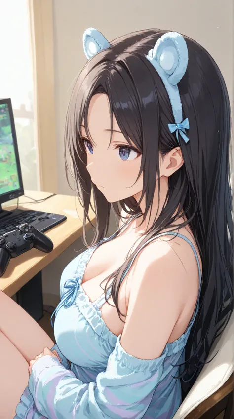 
masterpiece,large breasts, long hair, (black hair) , bangs, （1girl1.5）,Blue Ribbon hair ornament、Blue Ribbon, 18 years old、breast focus、，、from side、Sit on a chair，Loungewear，1controller,HeadsetBoth ears,Game,