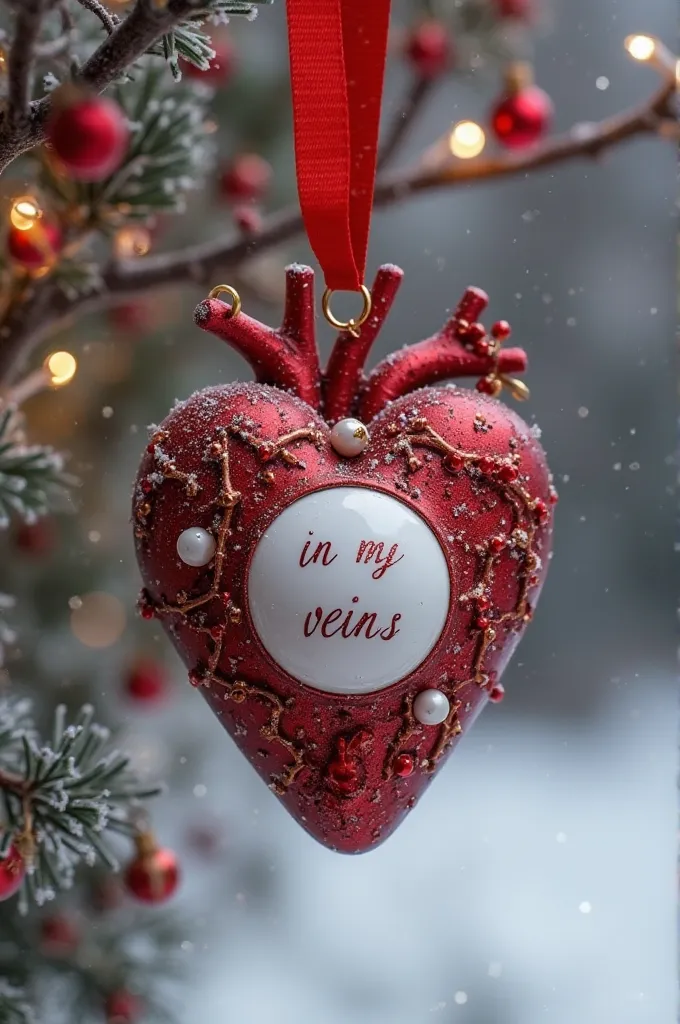 I need you to make a Christmas pendant and for the sphere to be white in the center and the phrase "in my veins" I have an anatomical heart and the long red ribbon